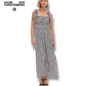 DVF x Target Smocked Tie Strap Neutral Poppy Midi Dress Black & Tan |